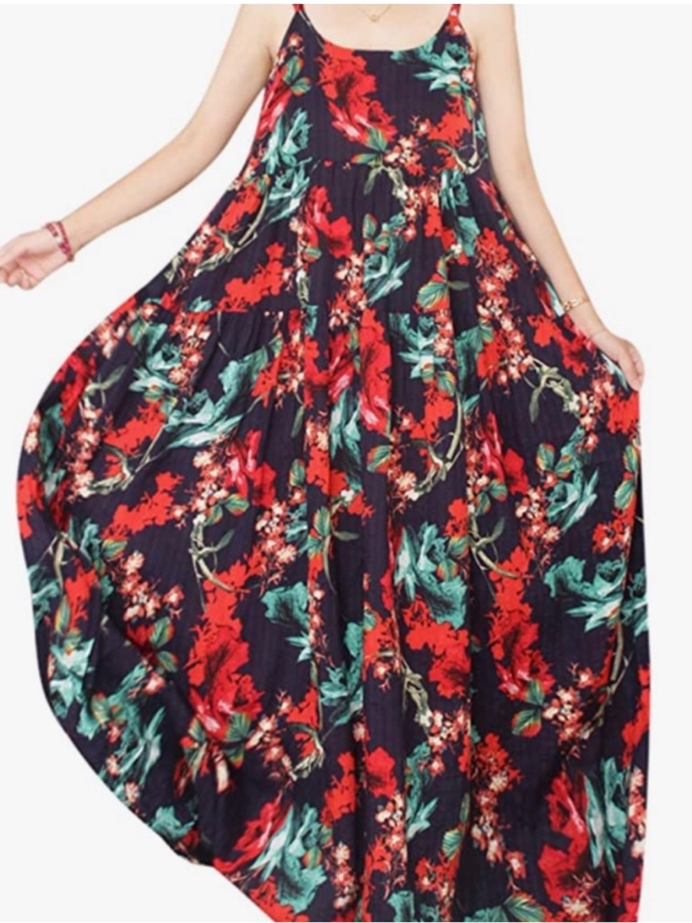 Yesno Navy & Red Cotton Maxi Spaghetti Strap Tiered Long Dress Large / XL